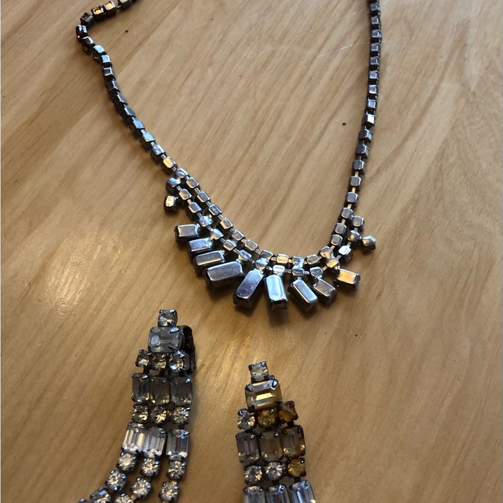 Silver Crystal Statement Necklace and Drop Earrings Set